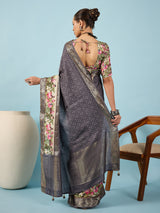 RIWAAYAT-Elegant grey saree with intricate floral digital print design