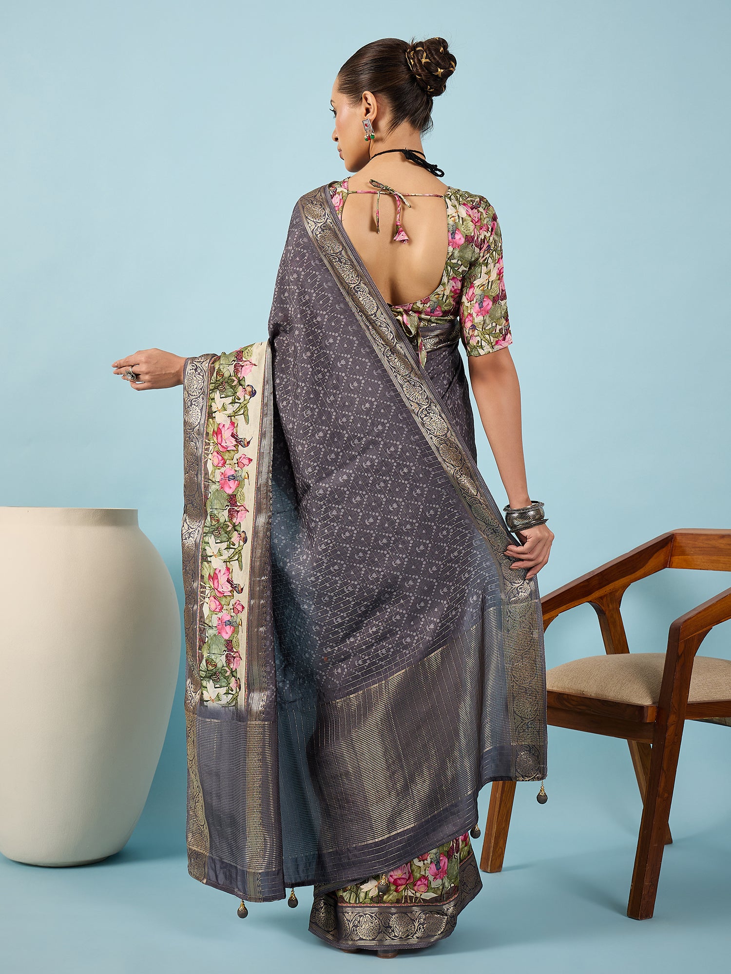 RIWAAYAT-Elegant grey saree with intricate floral digital print design