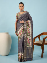 RIWAAYAT-Elegant grey saree with intricate floral digital print design