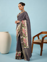RIWAAYAT-Elegant grey saree with intricate floral digital print design