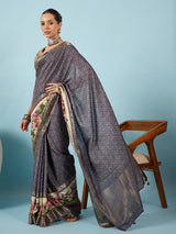 RIWAAYAT-Elegant grey saree with intricate floral digital print design