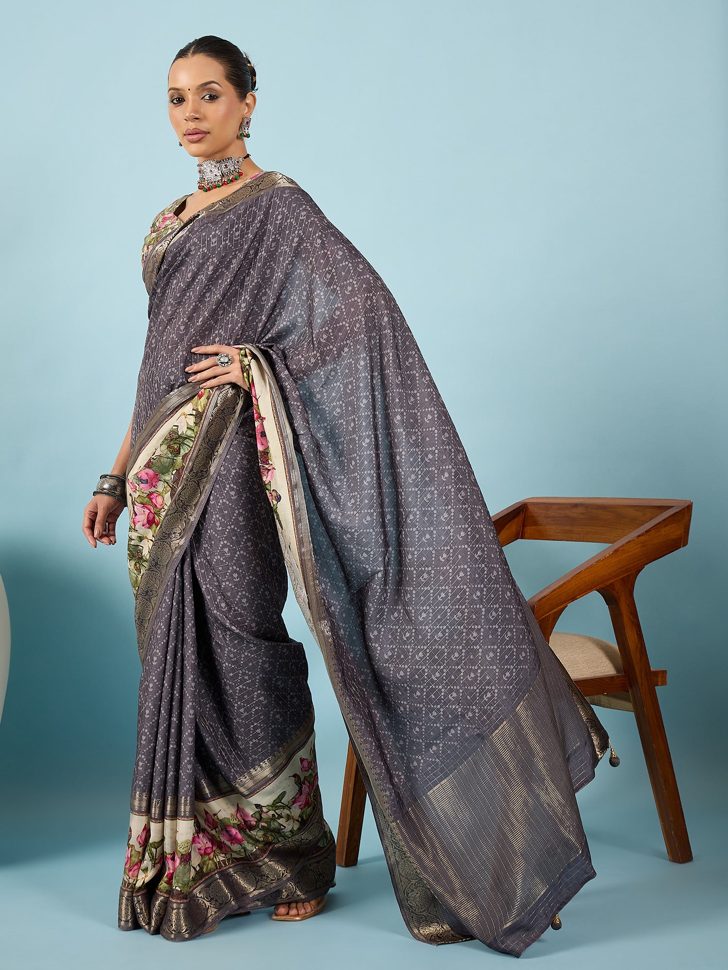 RIWAAYAT-Elegant grey saree with intricate floral digital print design
