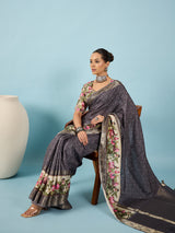 RIWAAYAT-Elegant grey saree with intricate floral digital print design