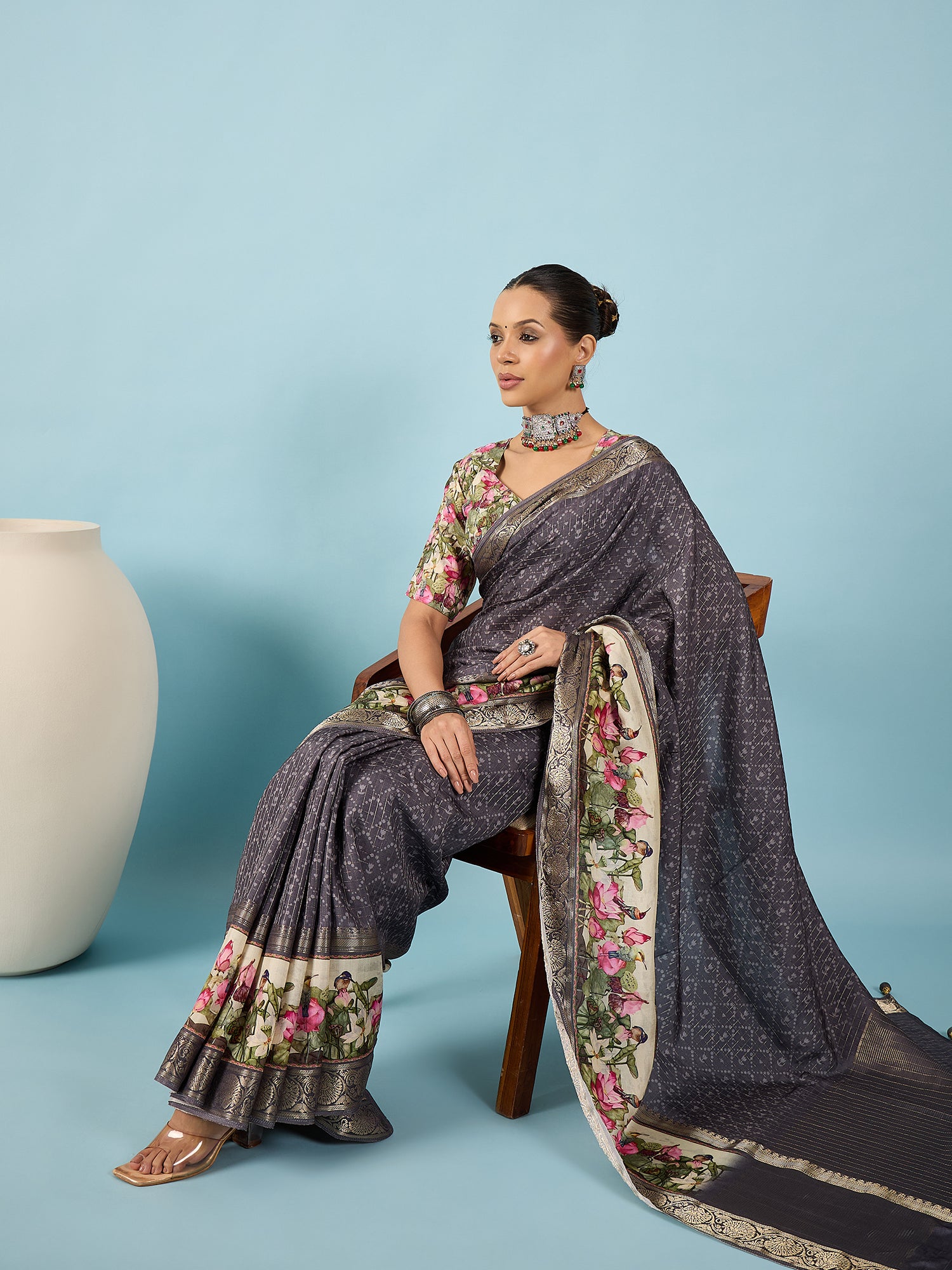 RIWAAYAT-Elegant grey saree with intricate floral digital print design