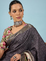 RIWAAYAT-Elegant grey saree with intricate floral digital print design