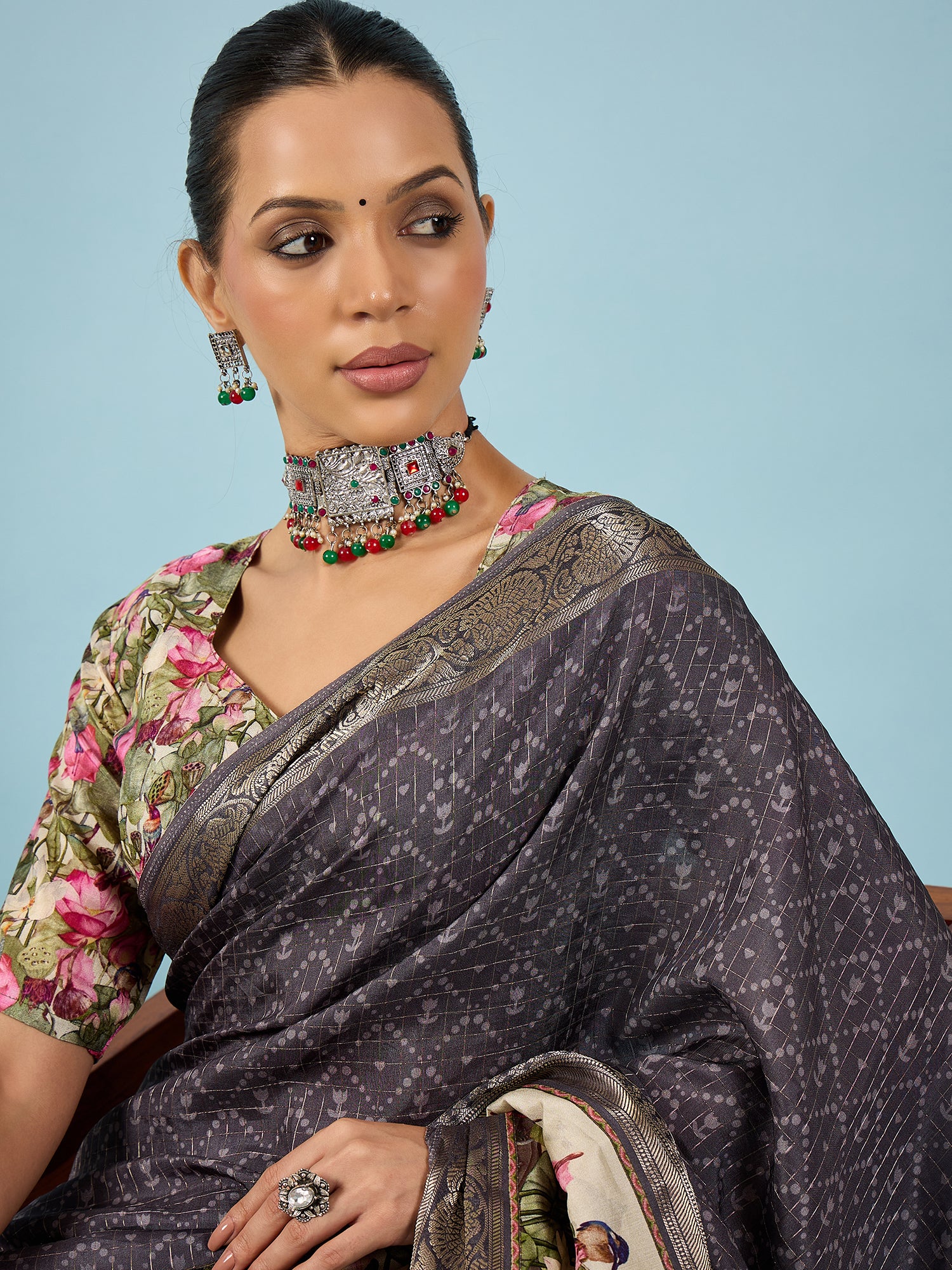 RIWAAYAT-Elegant grey saree with intricate floral digital print design