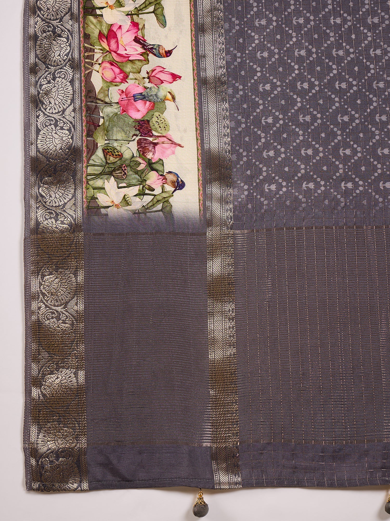 RIWAAYAT-Elegant grey saree with intricate floral digital print design