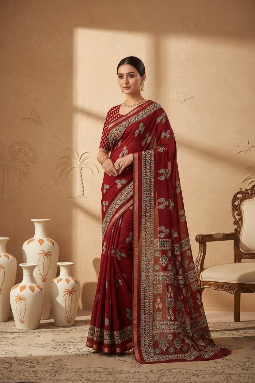 Soft Liva Batiq Print Saree with Traditional Lagdi Patta