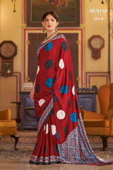 Mohar Women's Traditional Ajrkh Print Satin Crepe Polka Dot Printed Saree