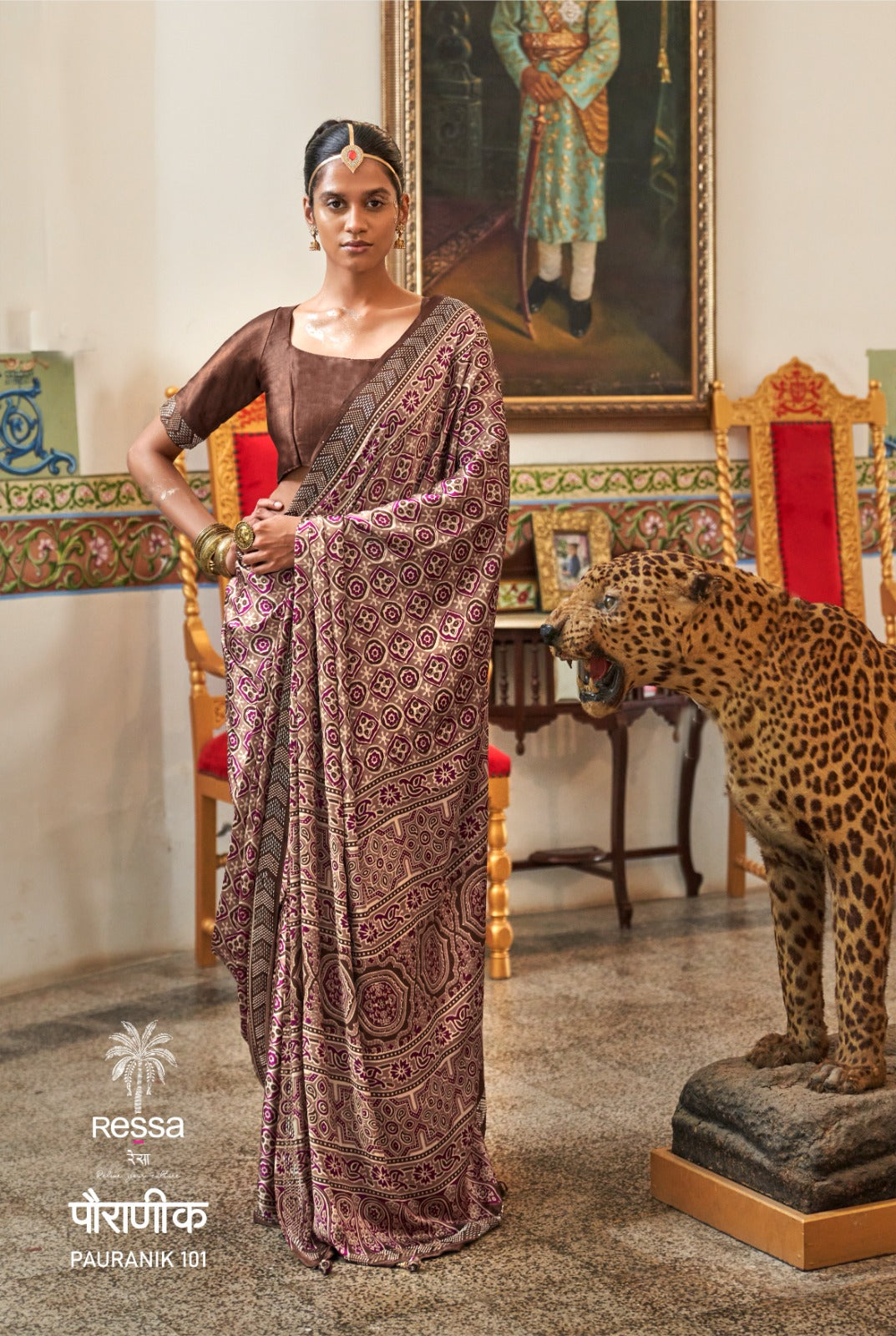 PAURANIK-Royal Plum Heritage Printed Saree with Traditional Ethnic Motifs