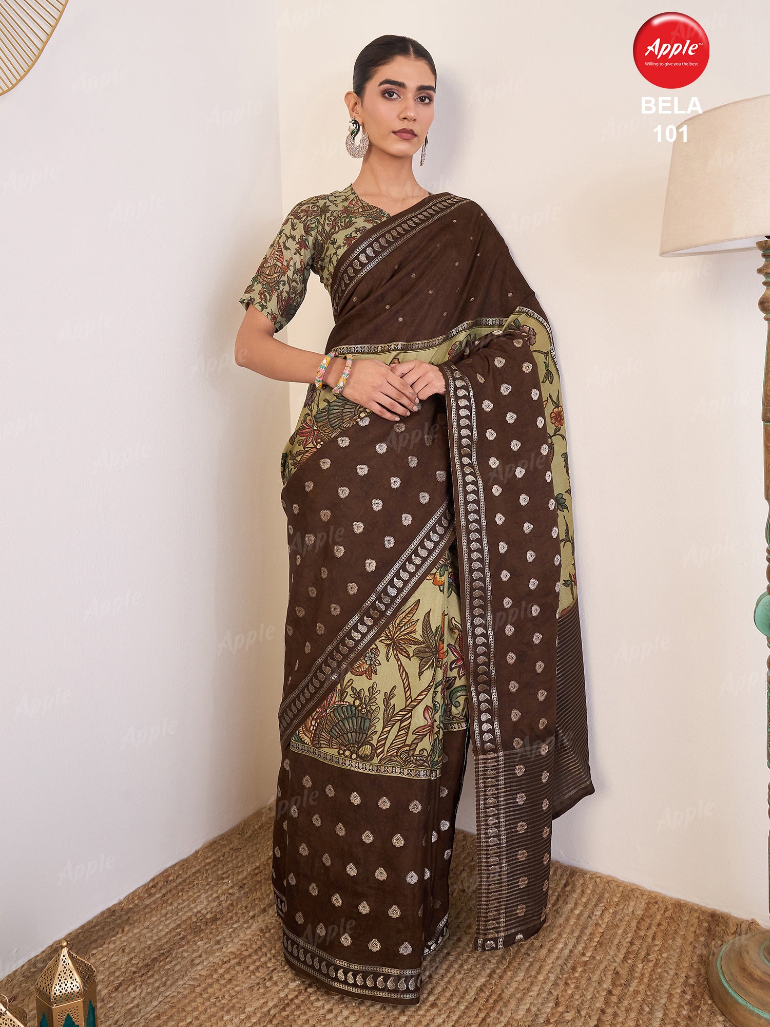 BELA-Elegant Coffee Brown Designer Saree with Silver Butti and Artistic Floral Print