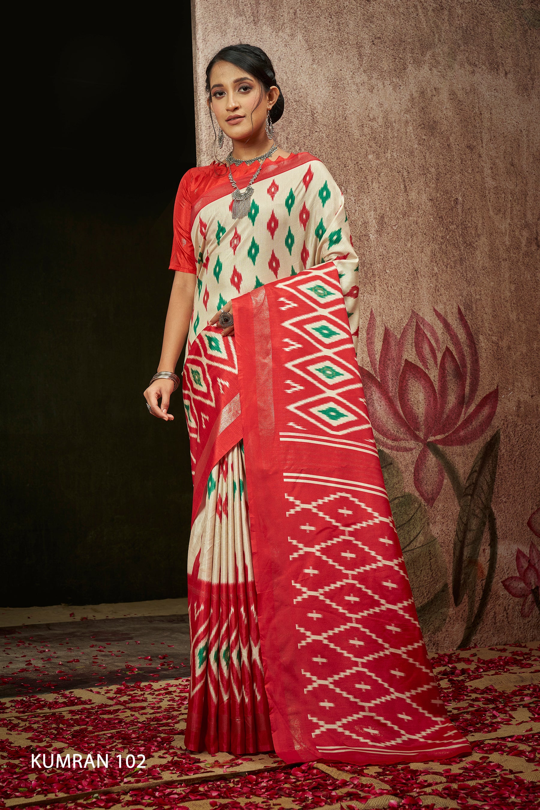 KUMRAN Ivory Red Ikat Heritage Saree