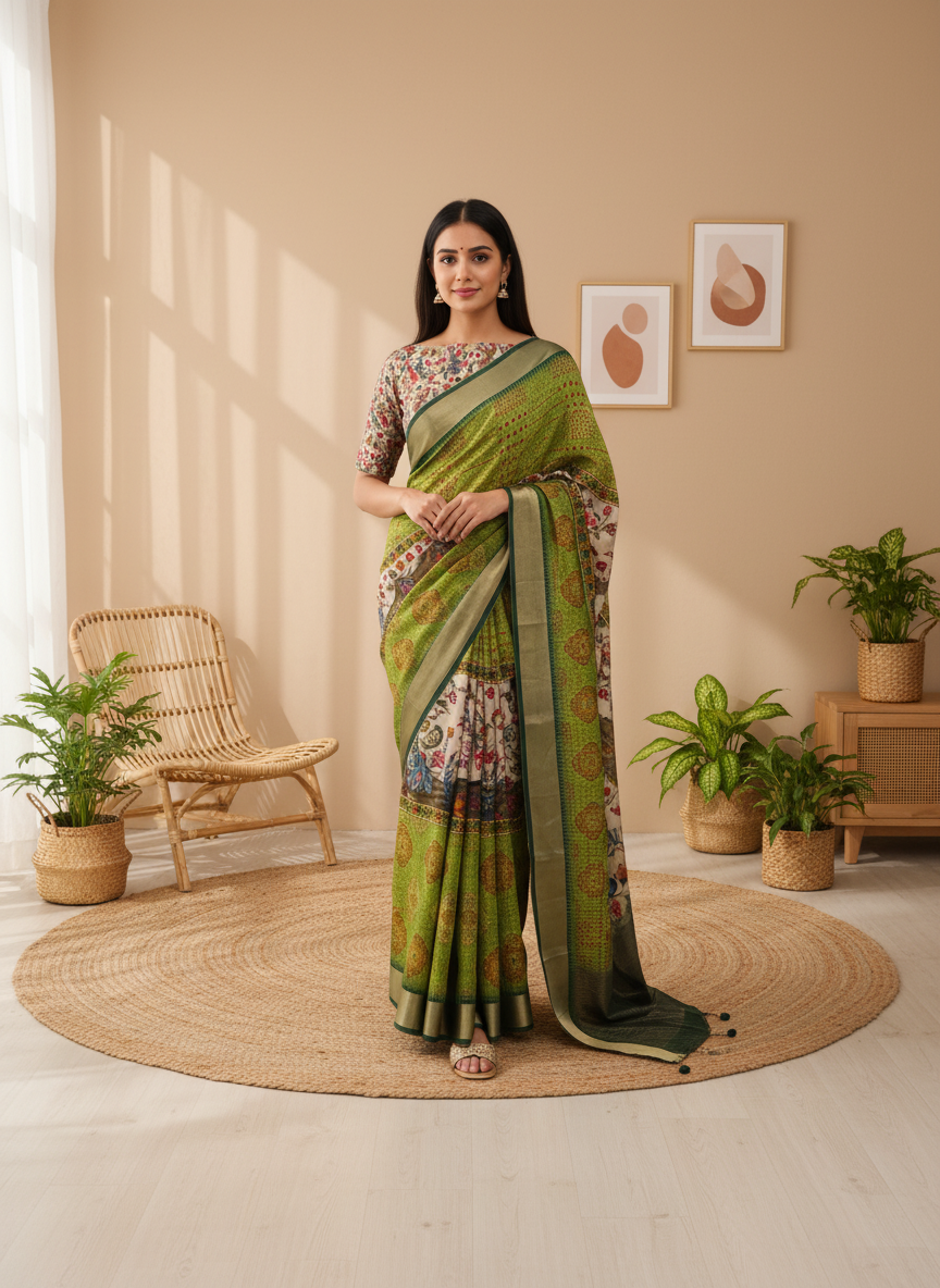 RIWAAYAT-Graceful Olive Green Printed Linen Silk Saree with Elegant Contrast Border