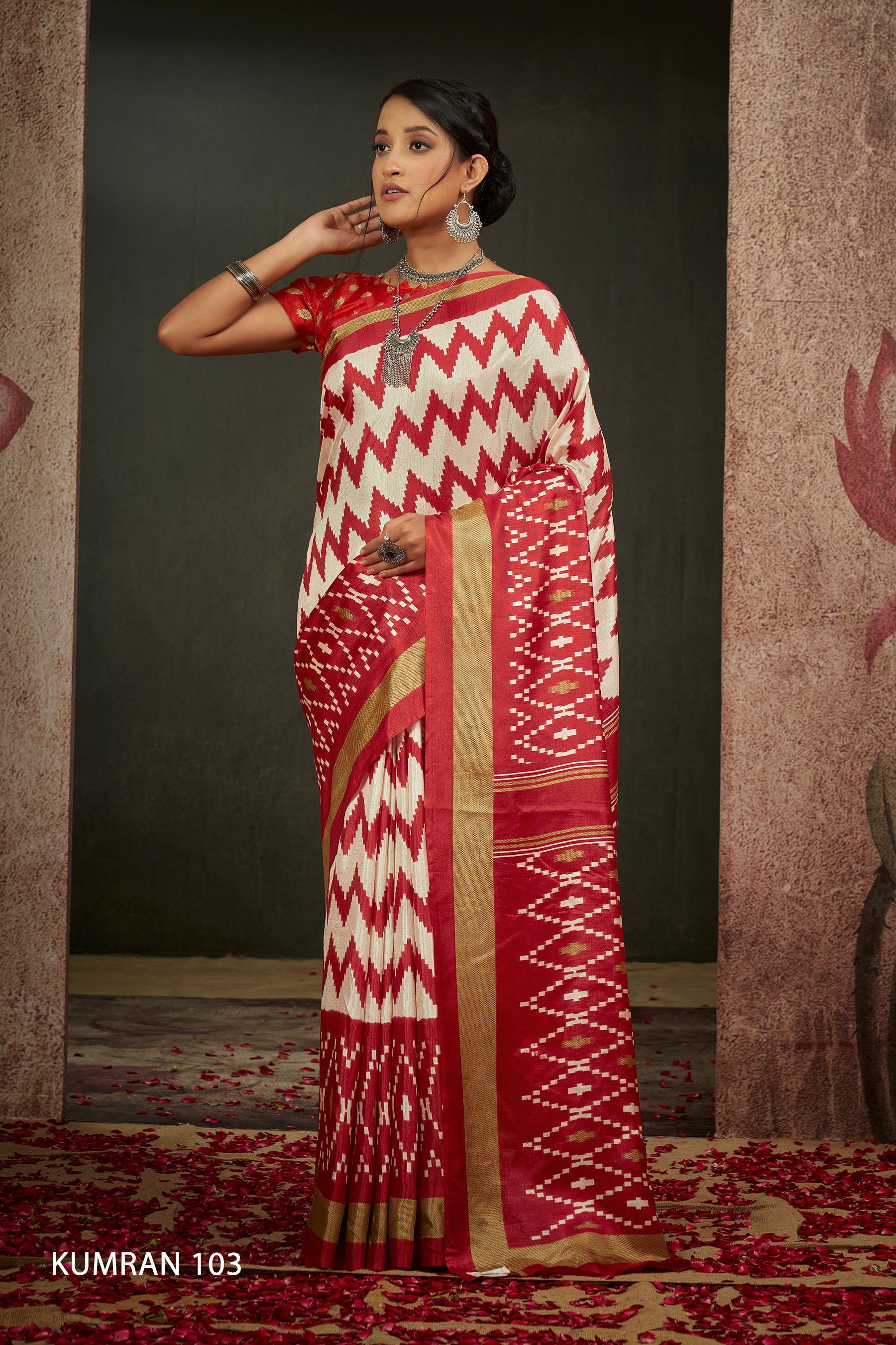 KUMRAN Crimson Ivory Ikat Royale Saree