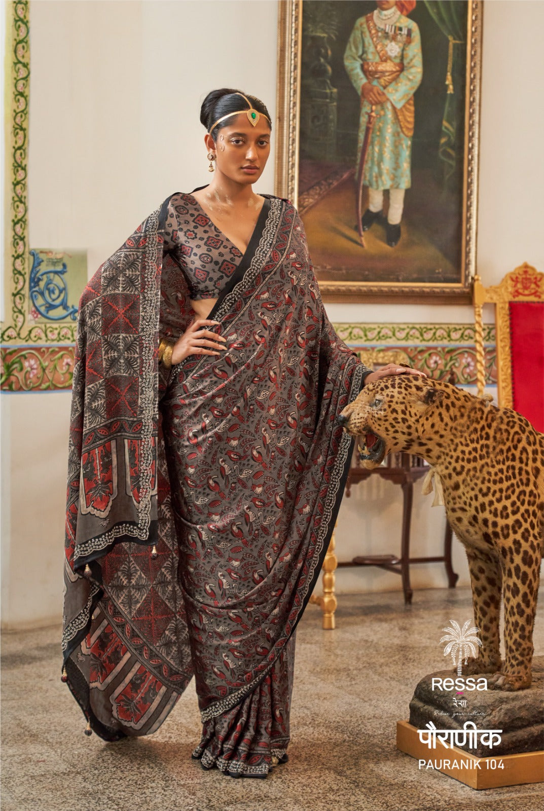 PAURANIK-Charcoal Grey Heritage Saree with Intricate Ajrakh-Inspired Ethnic Prints