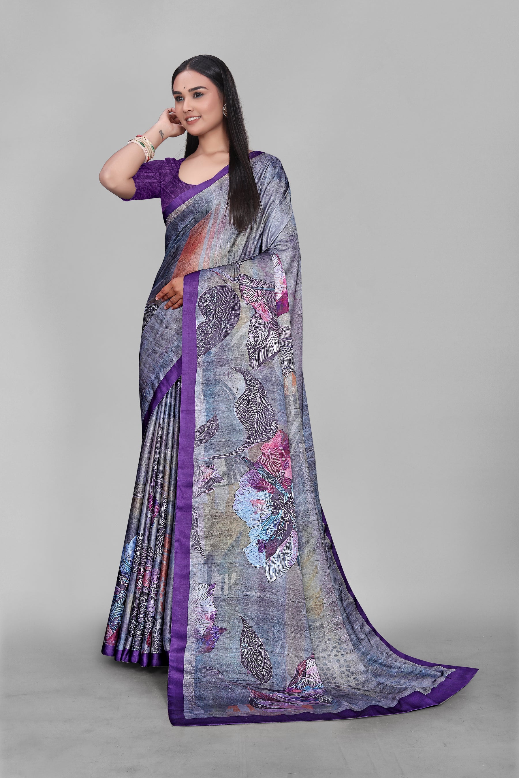 AURA-Elegant grey saree with artistic floral digital print design