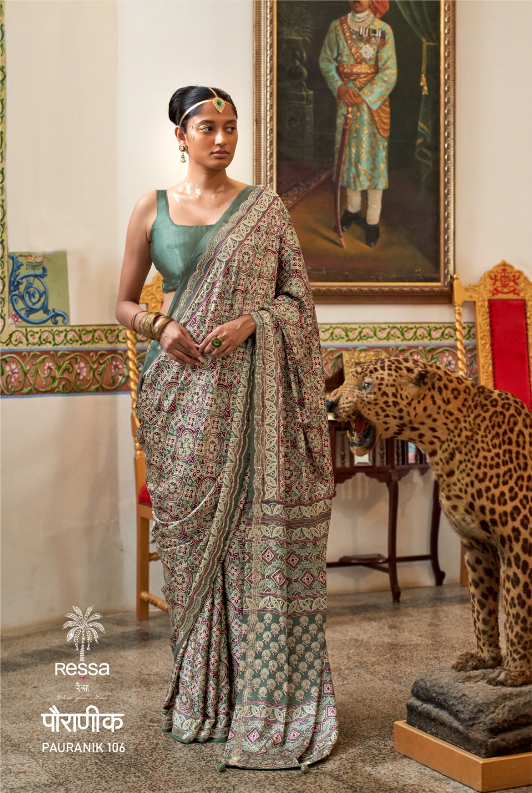 PAURANIK-Sage Green Heritage Saree with Intricate Ajrakh-Inspired Traditional Prints