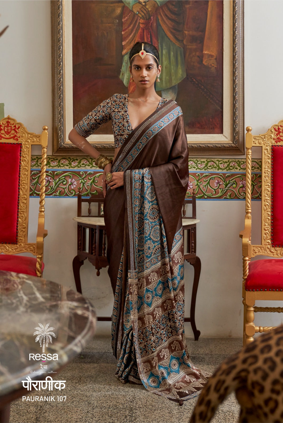 PAURANIK-Chocolate Brown Heritage Saree with Turquoise Ajrakh-Inspired Ethnic Border Prints