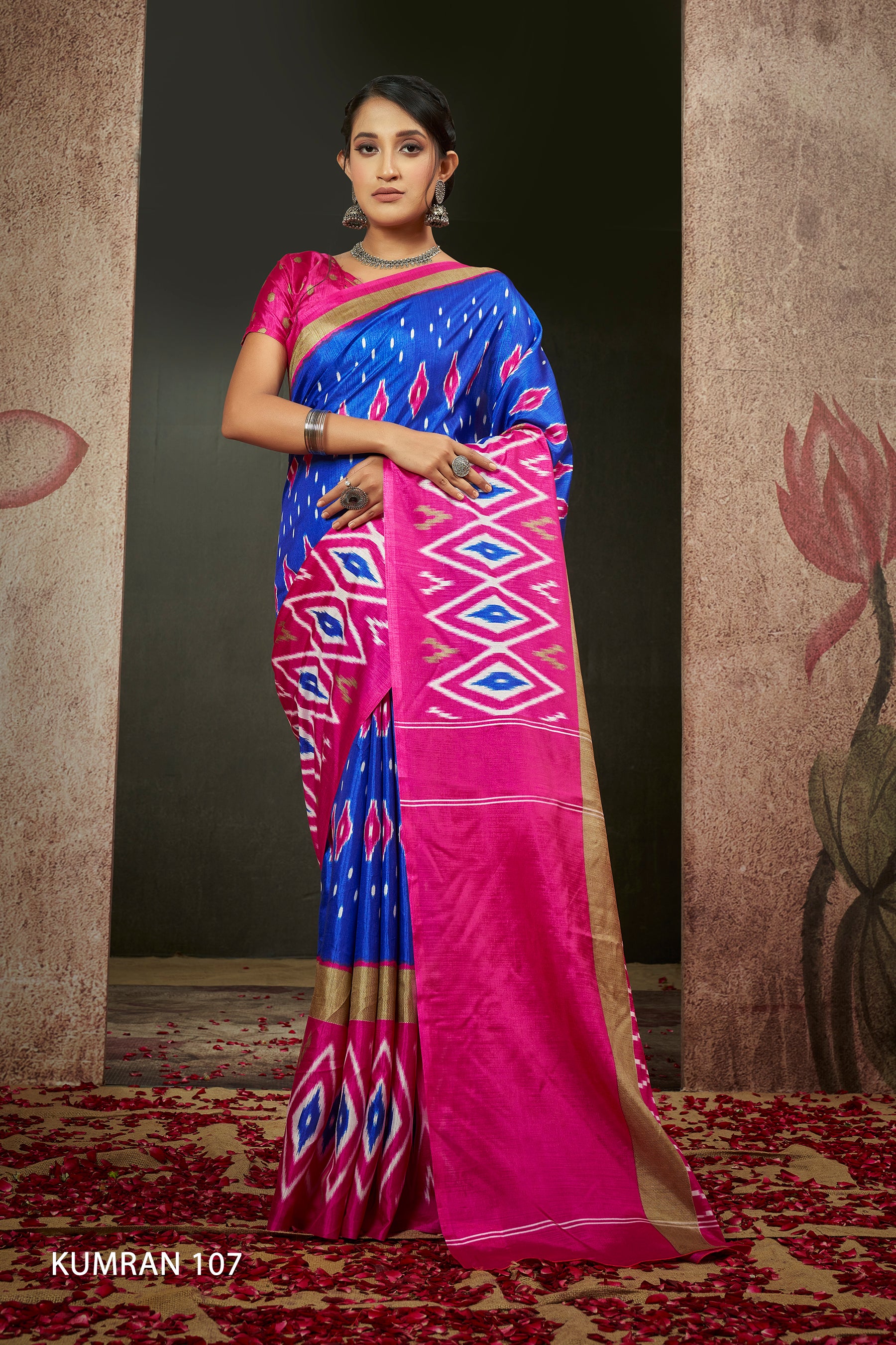 KUMRAN Royal Blue & Rani Pink Ikat Elegance Saree
