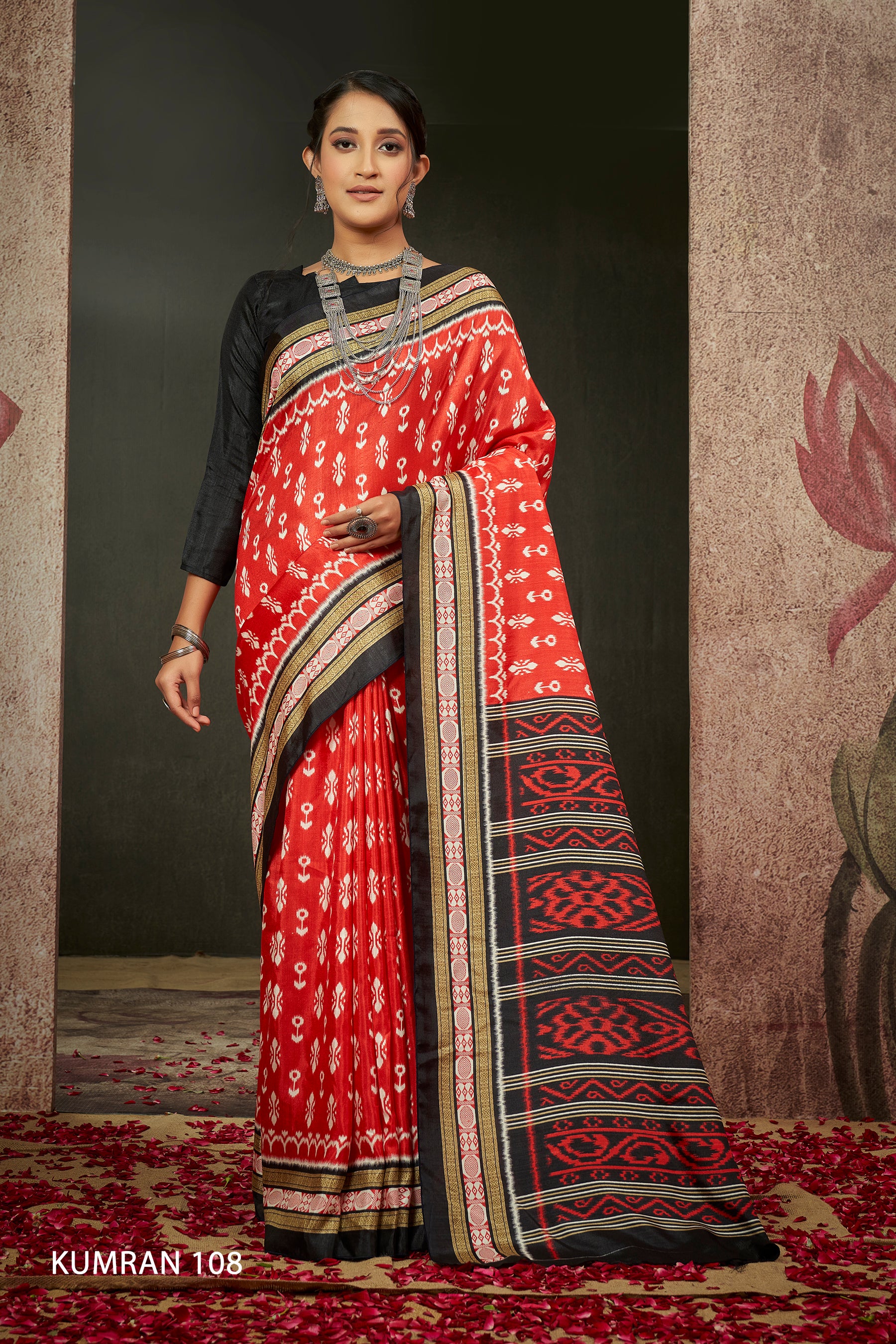 KUMRAN Crimson Noir Traditional Ikat Saree