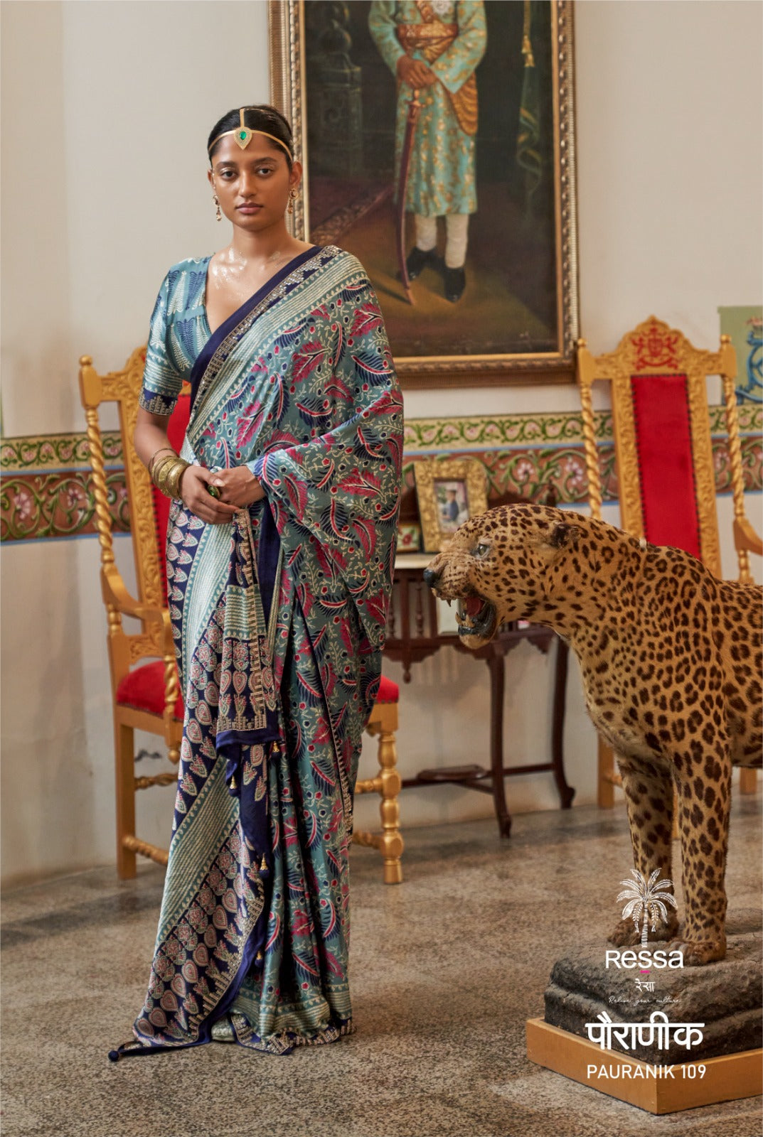 PAURANIK-Teal Blue Heritage Saree with Elegant Floral Ajrakh-Inspired Prints