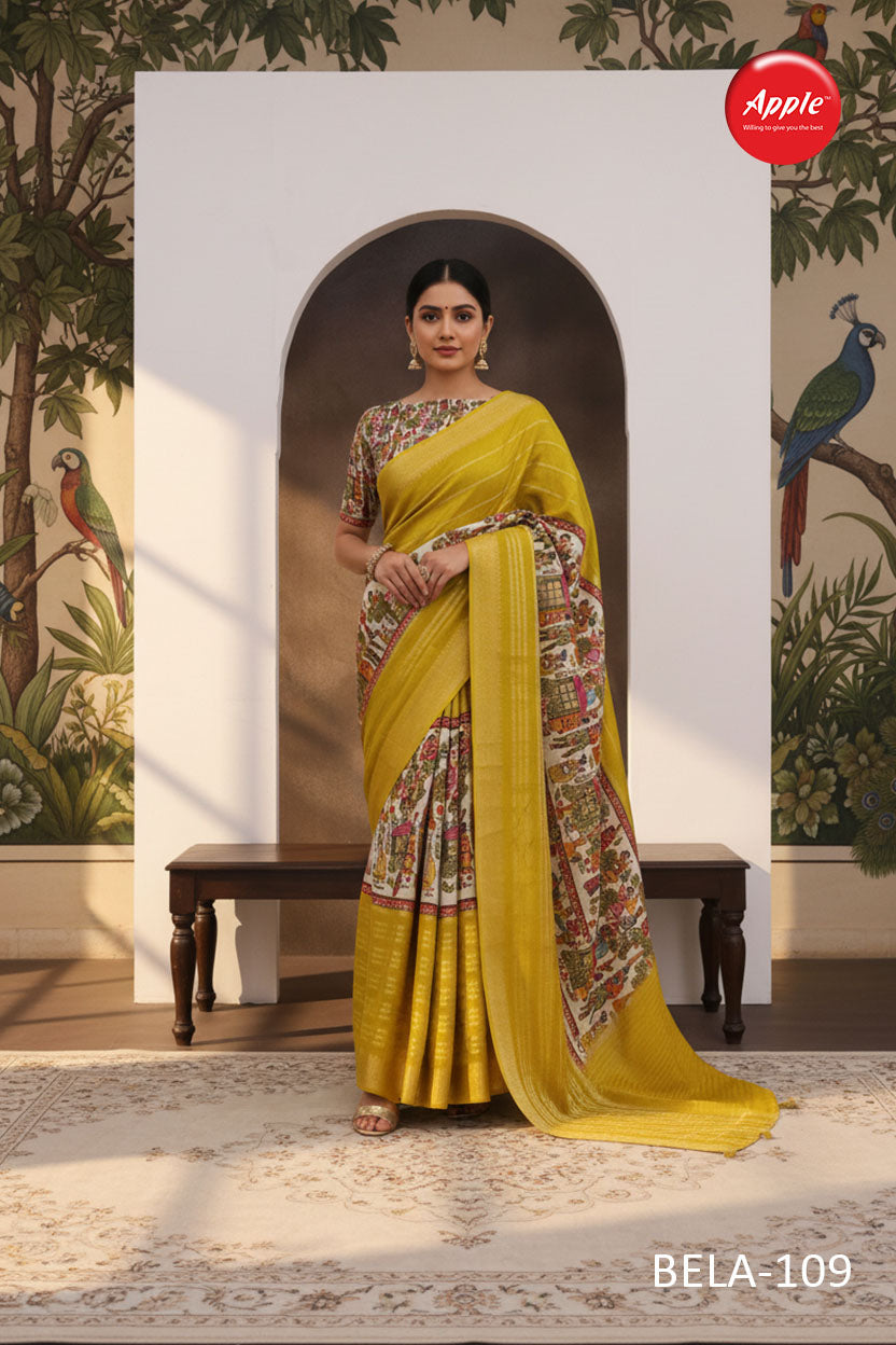 BELA-Bright mustard yellow saree with elegant woven texture