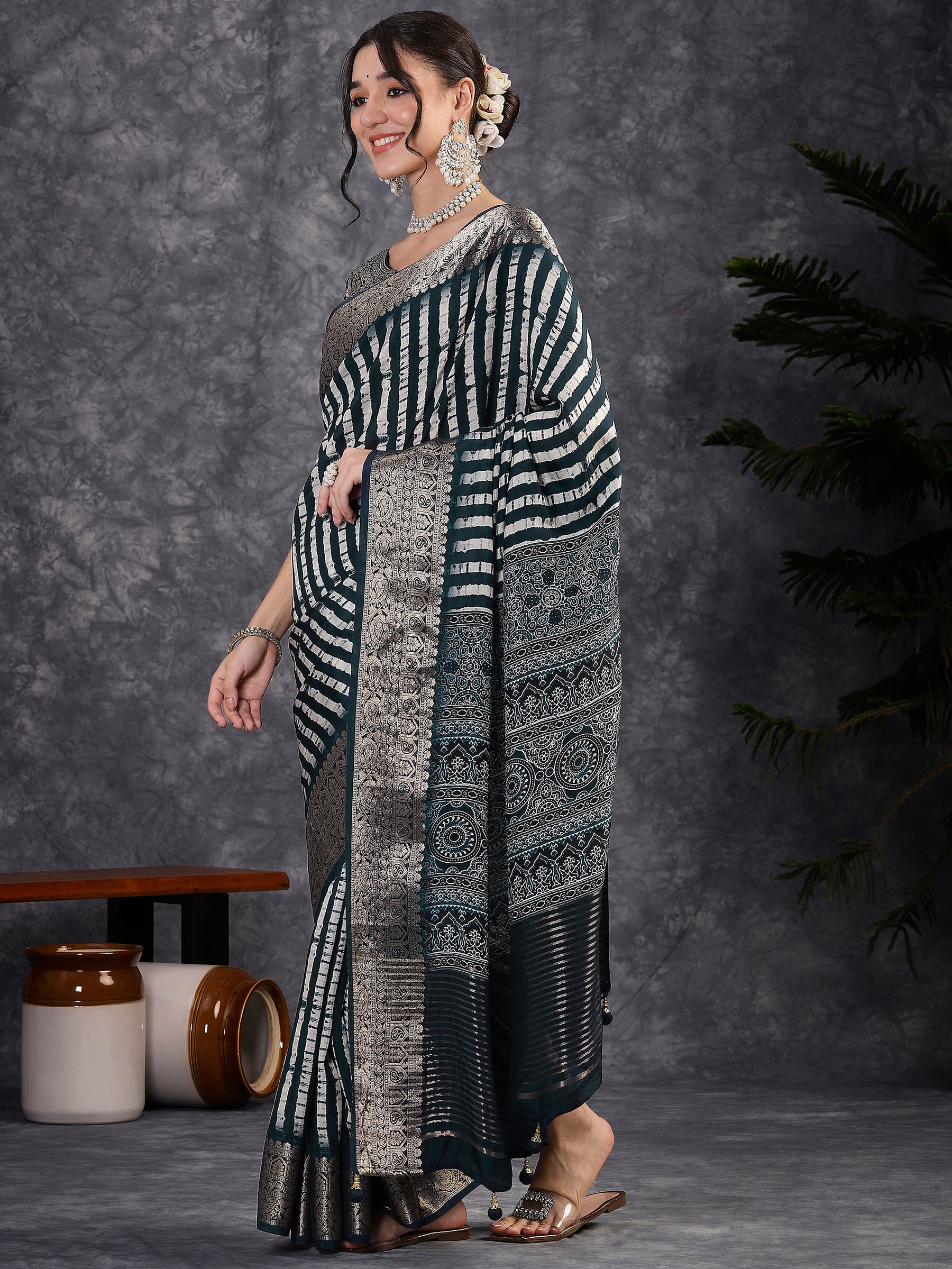 ADHIRA-Elegant Teal Blue Leheriya Printed Saree with Antique Silver Zari Border and Designer Woven Blouse for Festive & Party Wea
