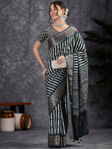 ADHIRA-Elegant Teal Blue Leheriya Printed Saree with Antique Silver Zari Border and Designer Woven Blouse for Festive & Party Wea