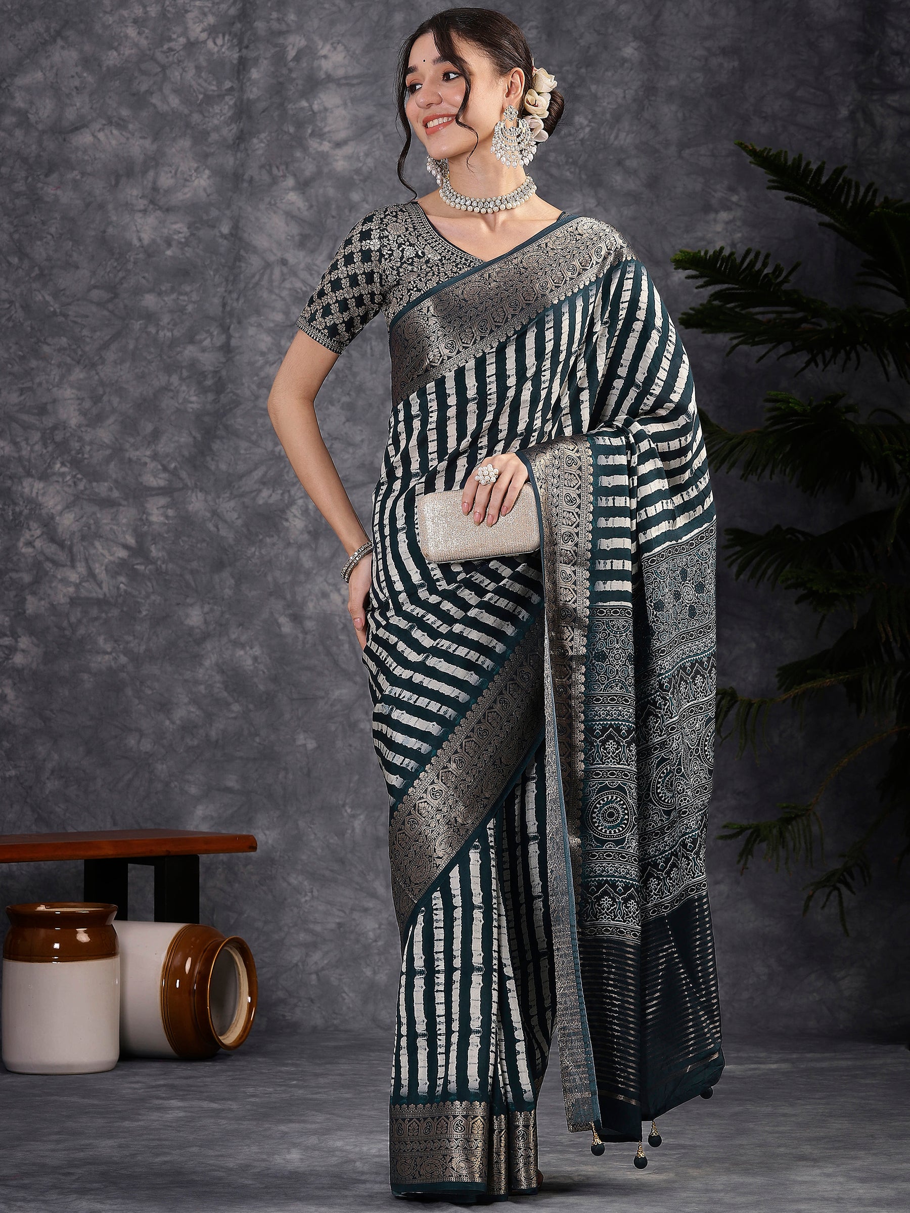 ADHIRA-Elegant Teal Blue Leheriya Printed Saree with Antique Silver Zari Border and Designer Woven Blouse for Festive & Party Wea