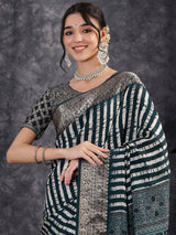 ADHIRA-Elegant Teal Blue Leheriya Printed Saree with Antique Silver Zari Border and Designer Woven Blouse for Festive & Party Wea