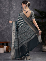 ADHIRA-Elegant Teal Blue Leheriya Printed Saree with Antique Silver Zari Border and Designer Woven Blouse for Festive & Party Wea