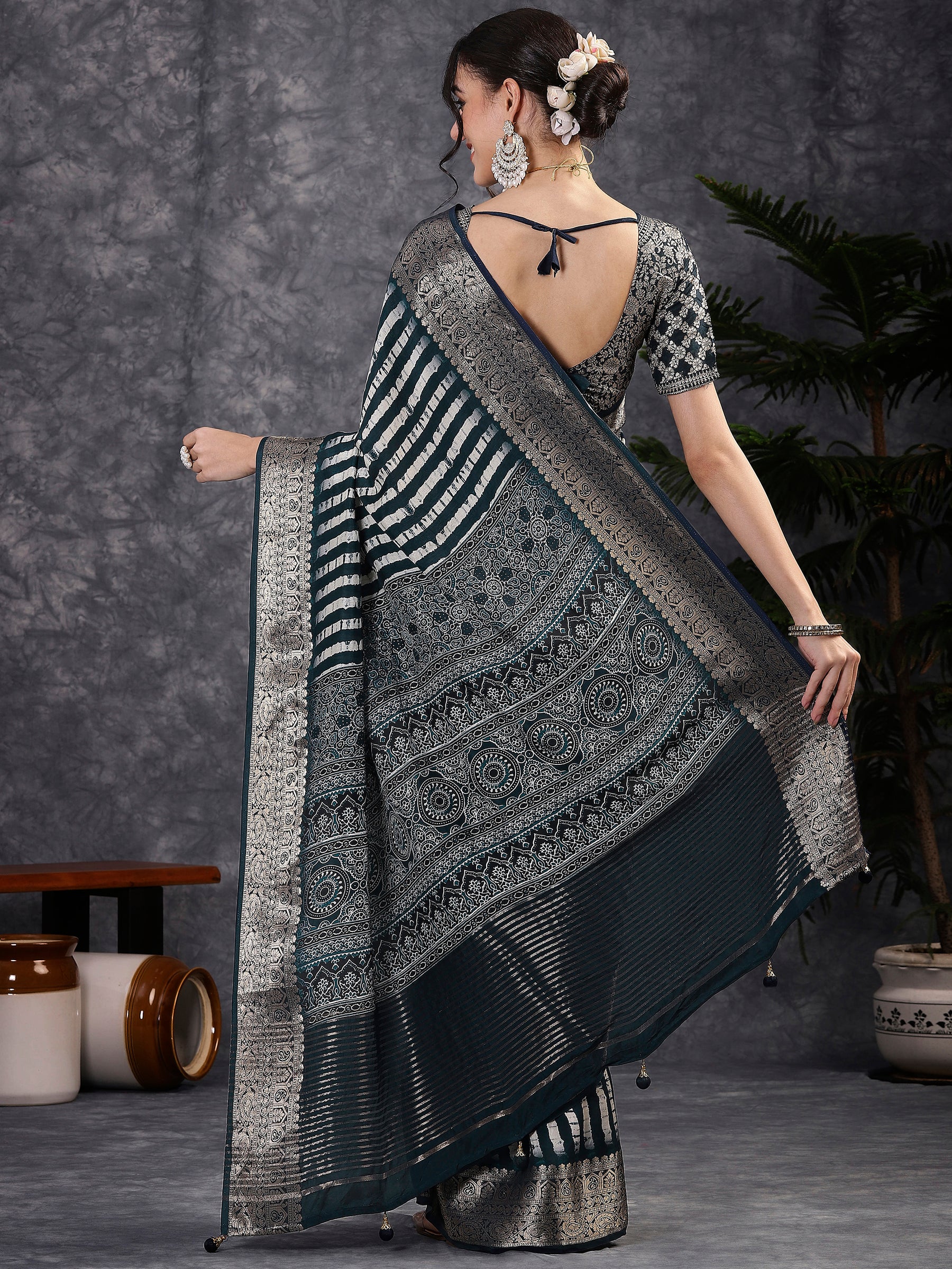 ADHIRA-Elegant Teal Blue Leheriya Printed Saree with Antique Silver Zari Border and Designer Woven Blouse for Festive & Party Wea