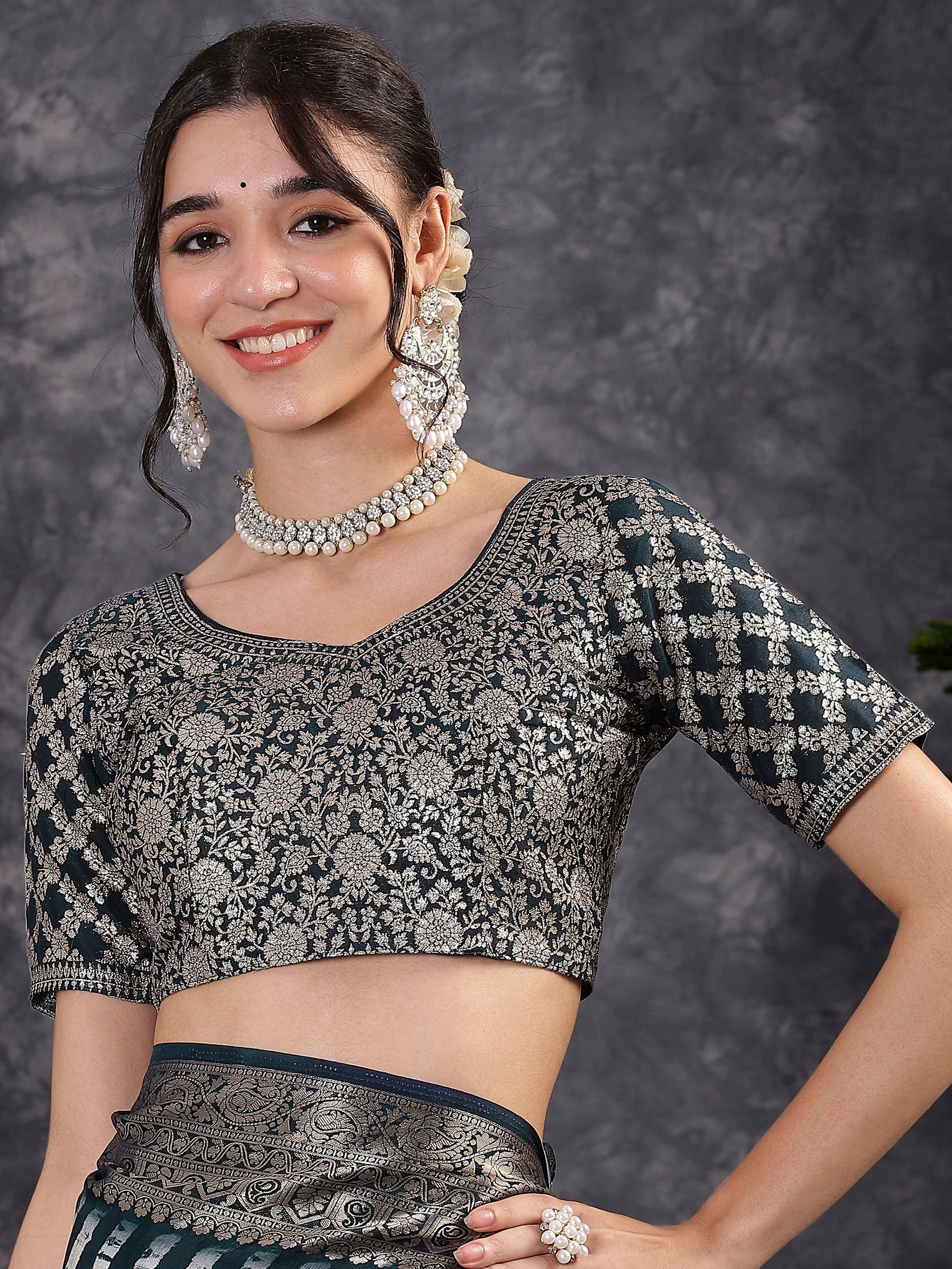 ADHIRA-Elegant Teal Blue Leheriya Printed Saree with Antique Silver Zari Border and Designer Woven Blouse for Festive & Party Wea