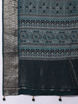 ADHIRA-Elegant Teal Blue Leheriya Printed Saree with Antique Silver Zari Border and Designer Woven Blouse for Festive & Party Wea