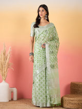 ZARI MAHAL-Mint Green Floral Printed Linen Saree with Elegant Tassel Pallu
