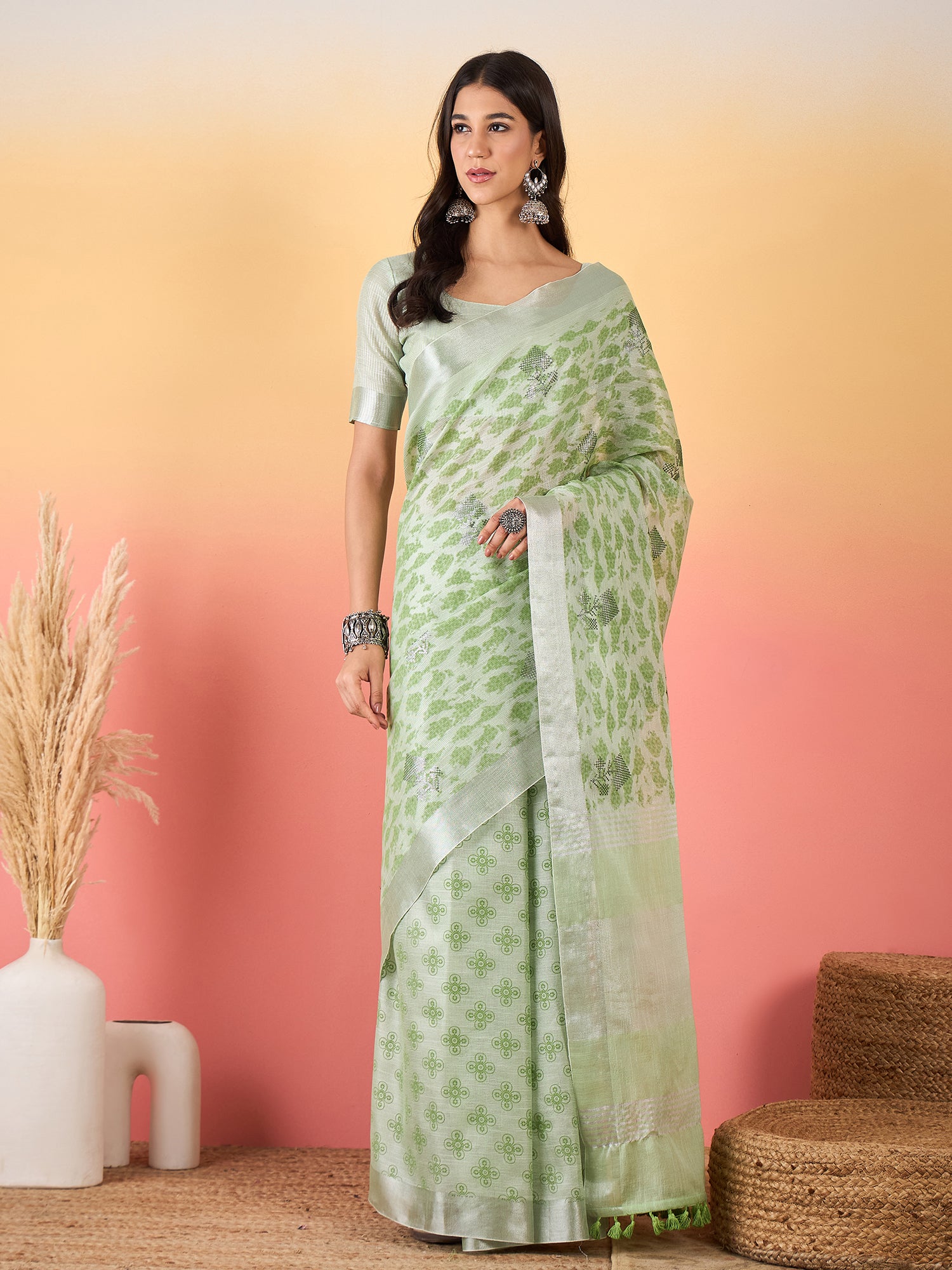 ZARI MAHAL-Mint Green Floral Printed Linen Saree with Elegant Tassel Pallu