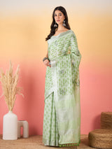 ZARI MAHAL-Mint Green Floral Printed Linen Saree with Elegant Tassel Pallu
