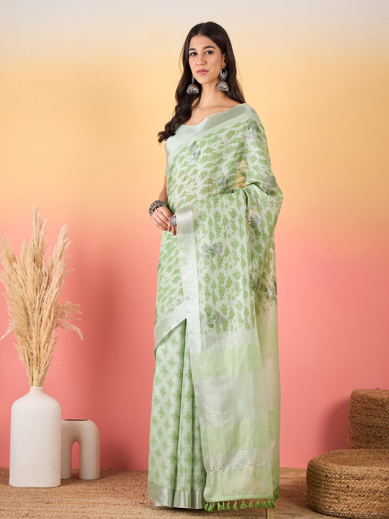 ZARI MAHAL-Mint Green Floral Printed Linen Saree with Elegant Tassel Pallu