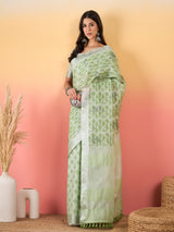 ZARI MAHAL-Mint Green Floral Printed Linen Saree with Elegant Tassel Pallu