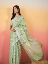 ZARI MAHAL-Mint Green Floral Printed Linen Saree with Elegant Tassel Pallu
