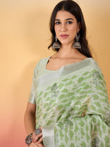 ZARI MAHAL-Mint Green Floral Printed Linen Saree with Elegant Tassel Pallu