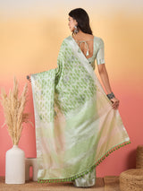 ZARI MAHAL-Mint Green Floral Printed Linen Saree with Elegant Tassel Pallu