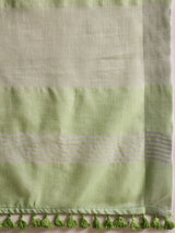 ZARI MAHAL-Mint Green Floral Printed Linen Saree with Elegant Tassel Pallu