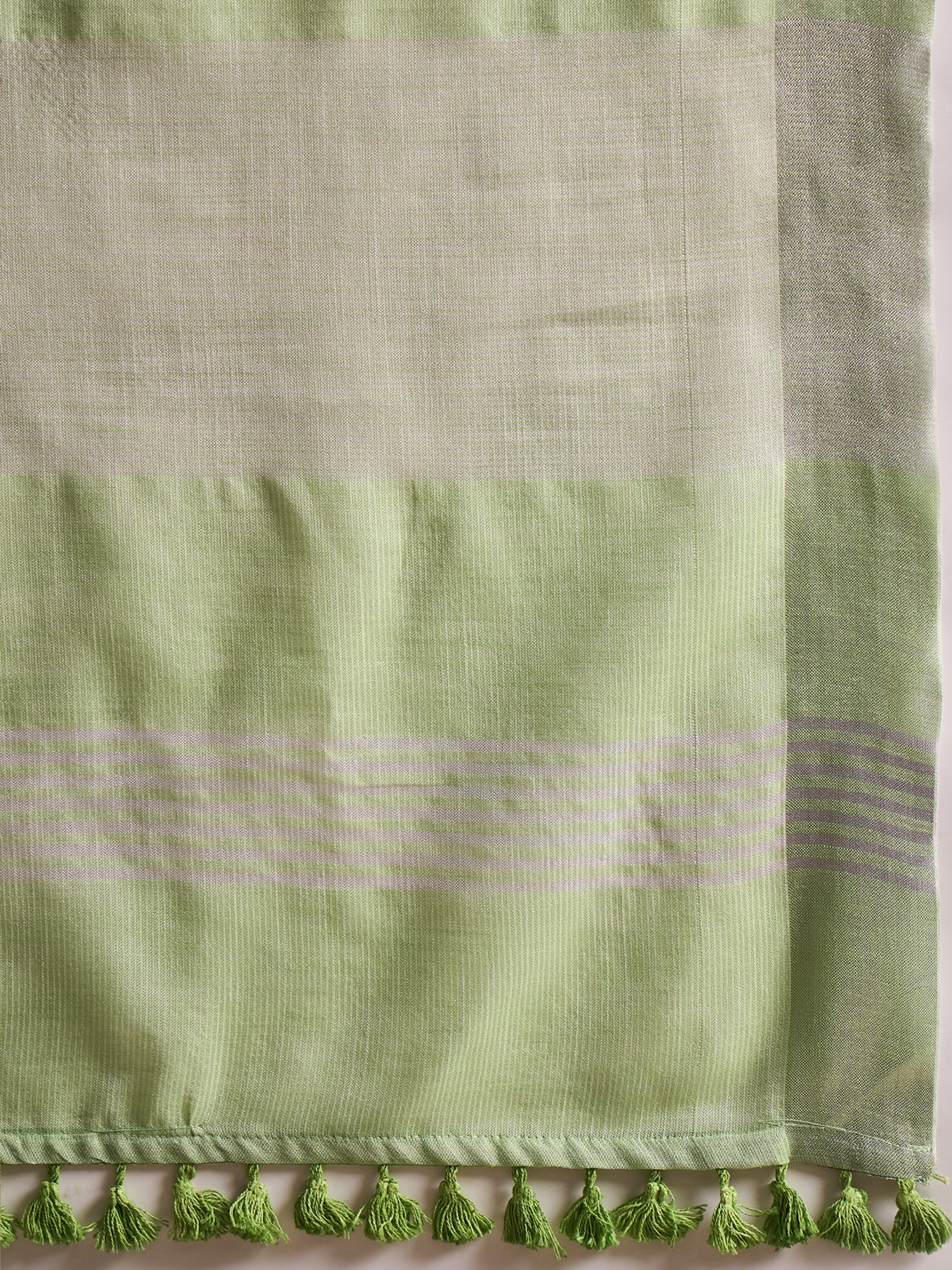 ZARI MAHAL-Mint Green Floral Printed Linen Saree with Elegant Tassel Pallu