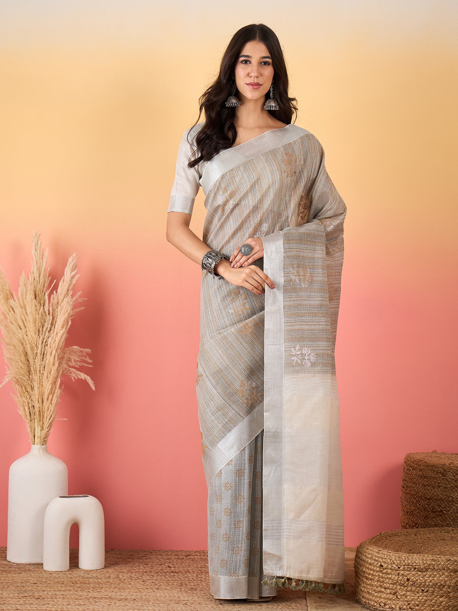 ZARI MAHAL-Silver Grey Striped Linen Saree with Delicate Golden Floral Weaves
