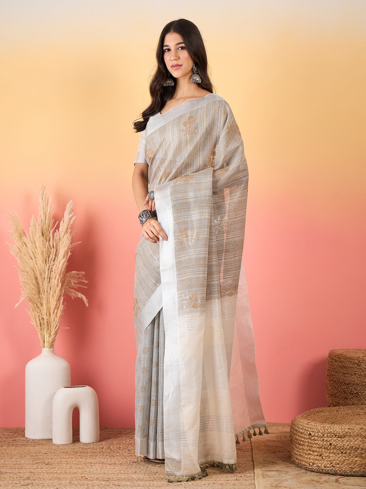 ZARI MAHAL-Silver Grey Striped Linen Saree with Delicate Golden Floral Weaves