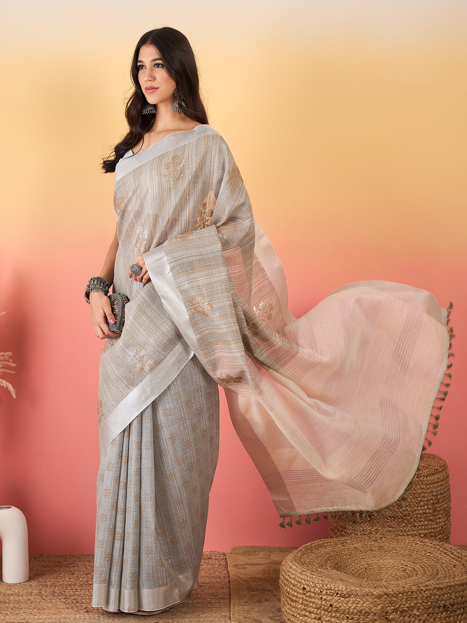 ZARI MAHAL-Silver Grey Striped Linen Saree with Delicate Golden Floral Weaves