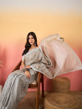 ZARI MAHAL-Silver Grey Striped Linen Saree with Delicate Golden Floral Weaves