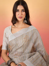 ZARI MAHAL-Silver Grey Striped Linen Saree with Delicate Golden Floral Weaves