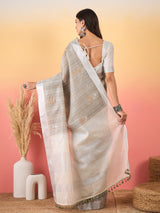 ZARI MAHAL-Silver Grey Striped Linen Saree with Delicate Golden Floral Weaves